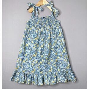 Busy Bees Floral Smocked Shoulder Tie Blue/Yellow India Sundress Girls 8 Yrs